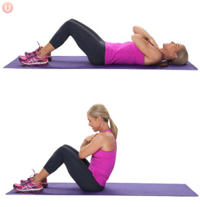 Situps- Cross your arms across your chest. Exhale out as you contract your abdomen and accelerate towards your knees.